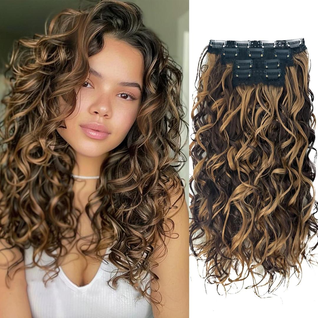 Curly Hair Extensions,LEOSA 4PCS 16 inch Clip in Hair Extensions Short Soft Natural Hairpiece Lace Weft Curly Wave Clip Ins Extensions Invisible for Women,Chocolate Brown with Honey Blonde