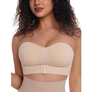 PRETTYWELL Strapless Bra Push Up Bandeau Bras for Women Front Hook Tube Top Bra Non-Slip Seamless Padded Wireless Invisible (Beige, S)