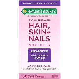 Nature's Bounty Advanced Hair, Skin & Nails, Argan-Infused Vitamin Supplement with Biotin and Hyaluronic Acid, 150 Rapid Release Softgels, 50 Total Servings (EXP 03/01/27)