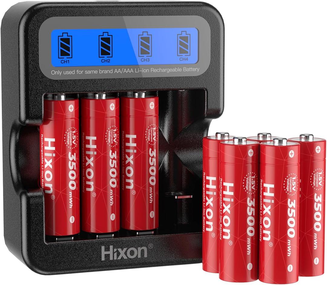 Hixon Rechargeable Lithium AA Batteries,8Pack 1.5V Li-ion Batteries with 2H Fast LCD Charger,3500mWh High-Capacity Long-Lasting Constant Output for Xbox/VR,Blink,Smart Lock,etc.