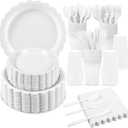 350 Pcs White Paper Plates and Napkins, 50 Guest White Party Supplies Include Scalloped Plates Paper Napkin Cup Plastic Spoon Fork Knive for Baby Shower, Wedding, Birthday