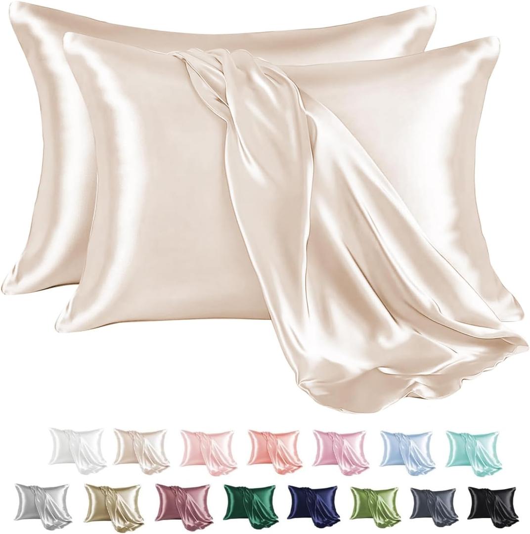 MR&HM Satin Pillowcase for Hair and Skin, Silk Satin Pillowcase 2 Pack, King Size Pillow Cases Set of 2, Silky Pillow Cover with Envelope Closure (20x40, Beige)