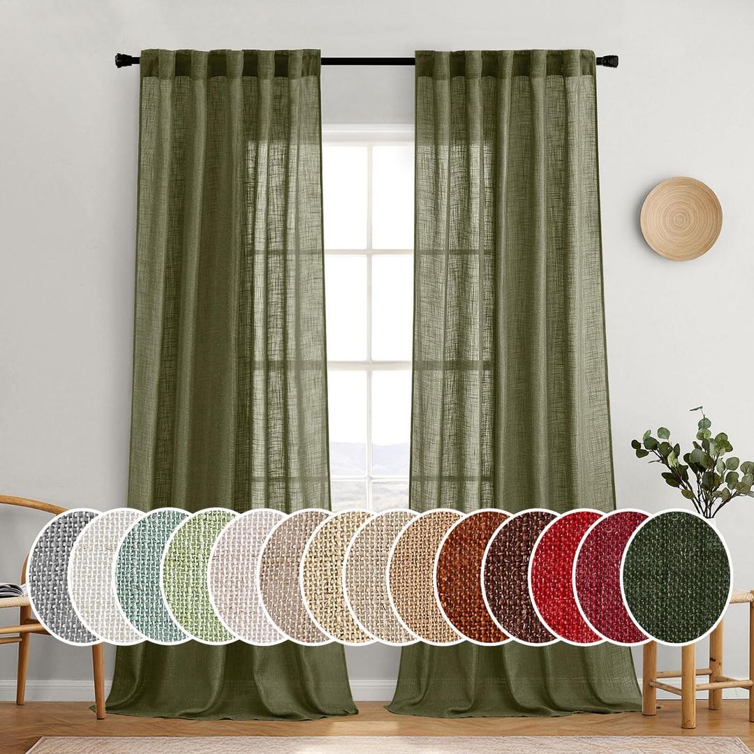 MIULEE Light Olive Green Linen Curtains 90 Inch Long 2 Panels for Bedroom Living Room, Soft Linen Textured Natural Window Drapes Semi Sheer Light Filtering Back Tab Rod Pocket Burlap Look Decor