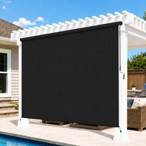 Black Patio Shades Roll up Outdoor Roller Shade Crank Wand Blind Cordless, 90% UV Blocking & Privacy Protection for Porch|Gazebo|Pergola|Backyard (2 Splicing Tube, 1 Fabric), 60"W x 72"H