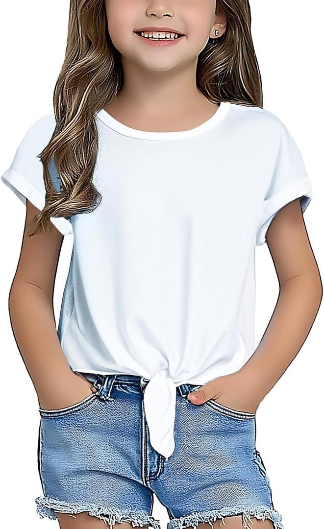Girls Crop Top Trendy Summer Tees Casual Short Sleeve Cute Blouse White T Shirts for Kids 6-15 Years (White)