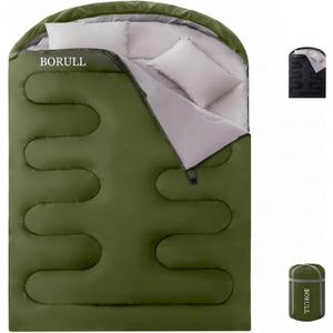 Double Sleeping Bag for Adults Queen Size XL,2 Person Oversized Sleeping Bags with 2 Pillows Waterproof for 3-4 Season Camping Backpacking Hiking Cold Warm Weather Indoor Outdoor, Double 92"x63"40F-65F