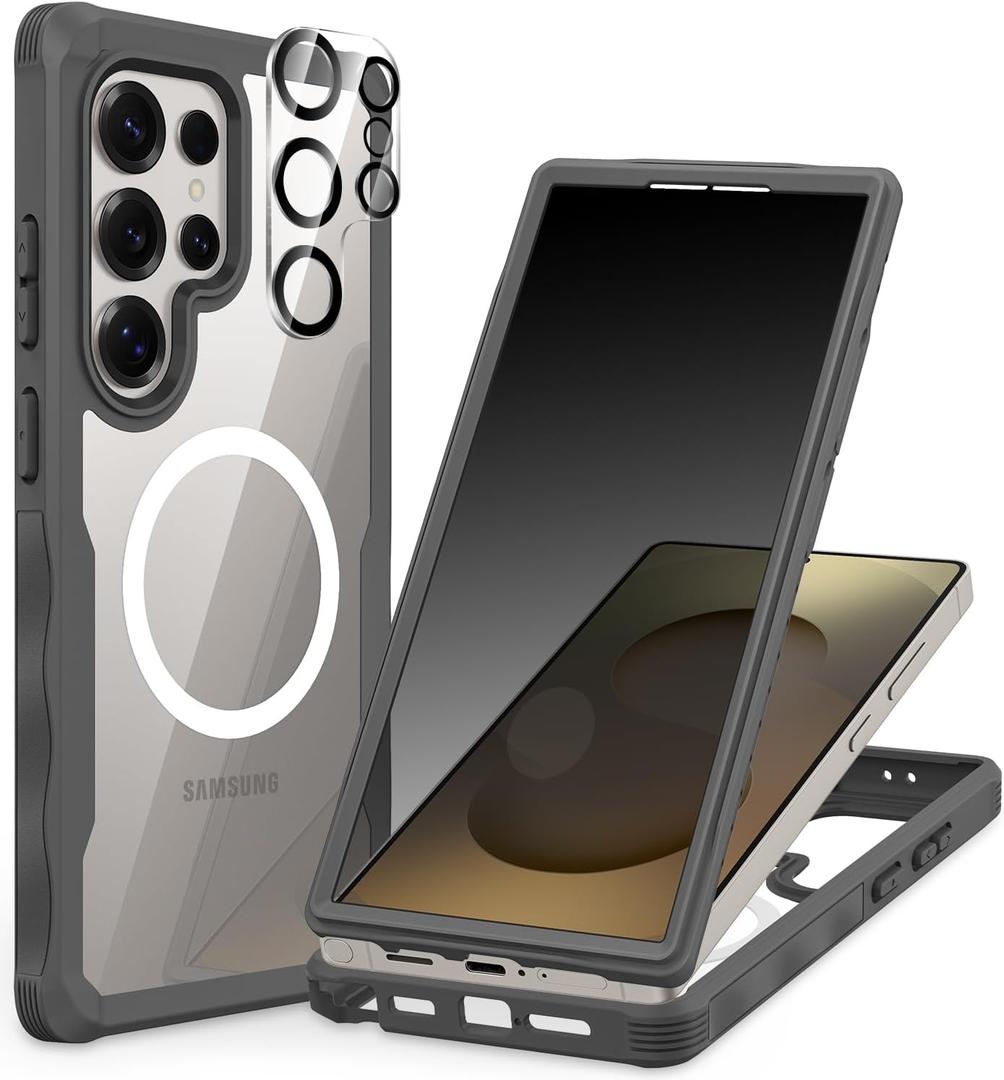 CENHUFO Magnetic Privacy for Samsung Galaxy S25 Ultra Case, Full Body Phone Case with Built-in 9H Tempered Glass Privacy Screen Protector and Camera Lens Cover, Shockproof Protective Bumper - Grey