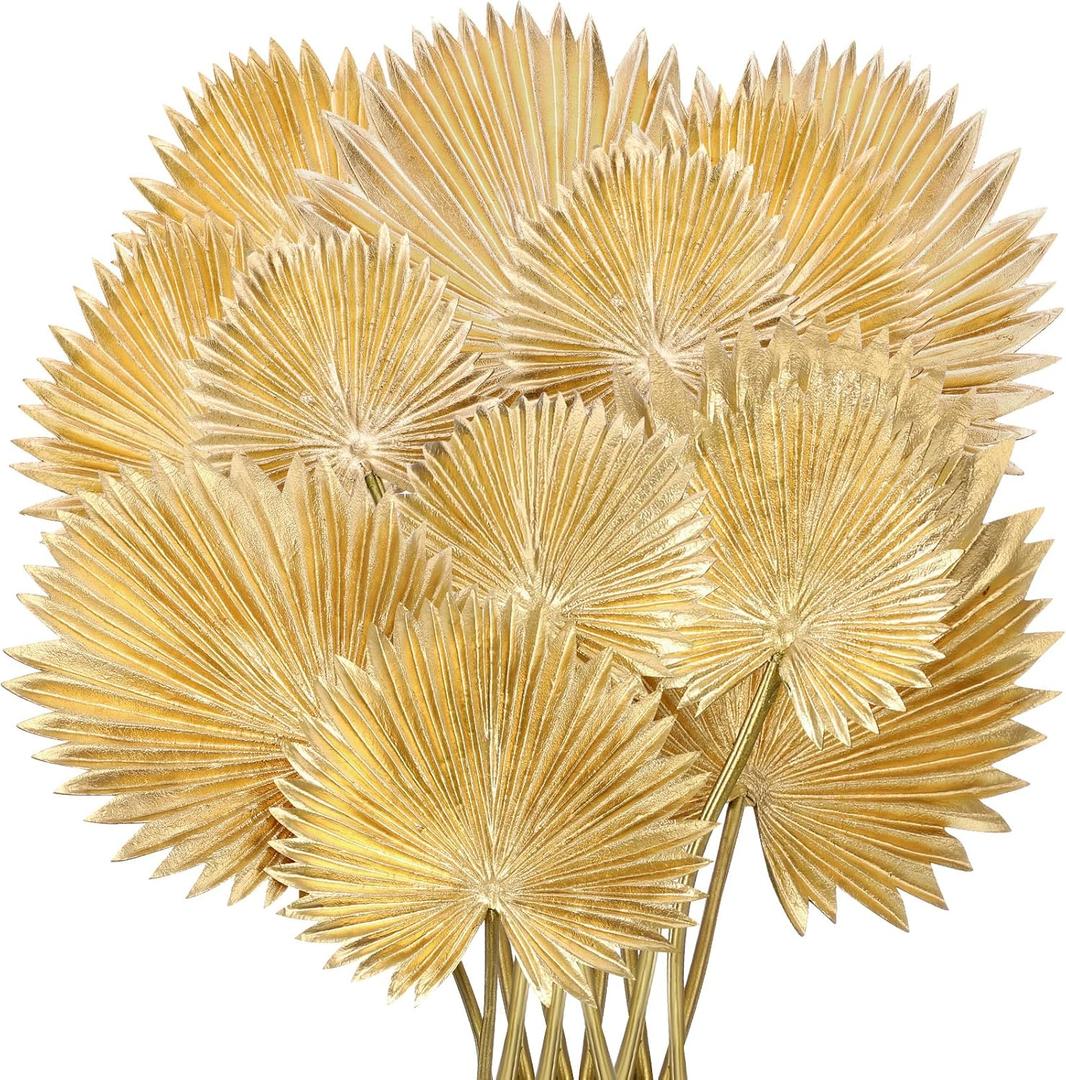 Suncalla 12 Pcs PU Foam Artificial Gold Palm Leaves Faux Palm Tropical Leaves Mixed Sizes Fake Tropical Golden Fronds for DIY Wedding Bouquets Centerpiece Arrangement Anniversary Party Home Decoration