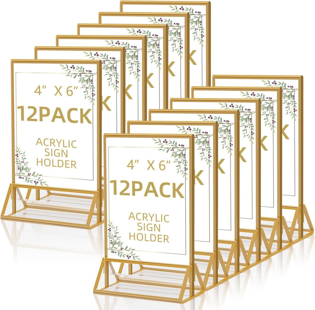 Acrylic Sign Holder 4 x 6 Double Sided Acrylic Frames Display Stand Clear Table Flyer HolderPlastic Paper Holder for Home Office Shop (Gold)