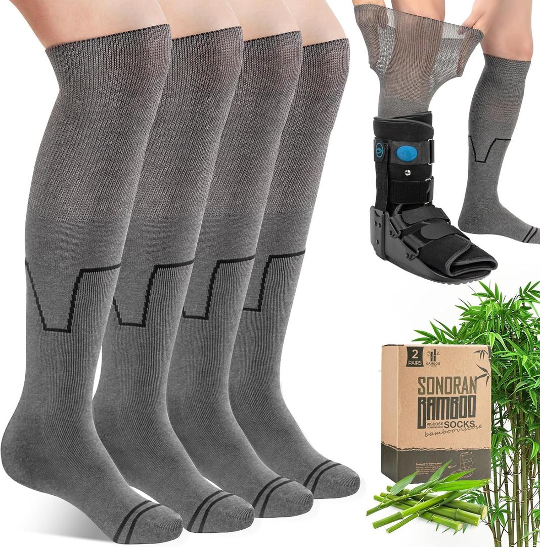 SONORAN Walking Boot Socks Bamboo Viscose (2 Pairs) Lightweight Replacement Sock Liner for Medical Tube Cast Socks (Grey)