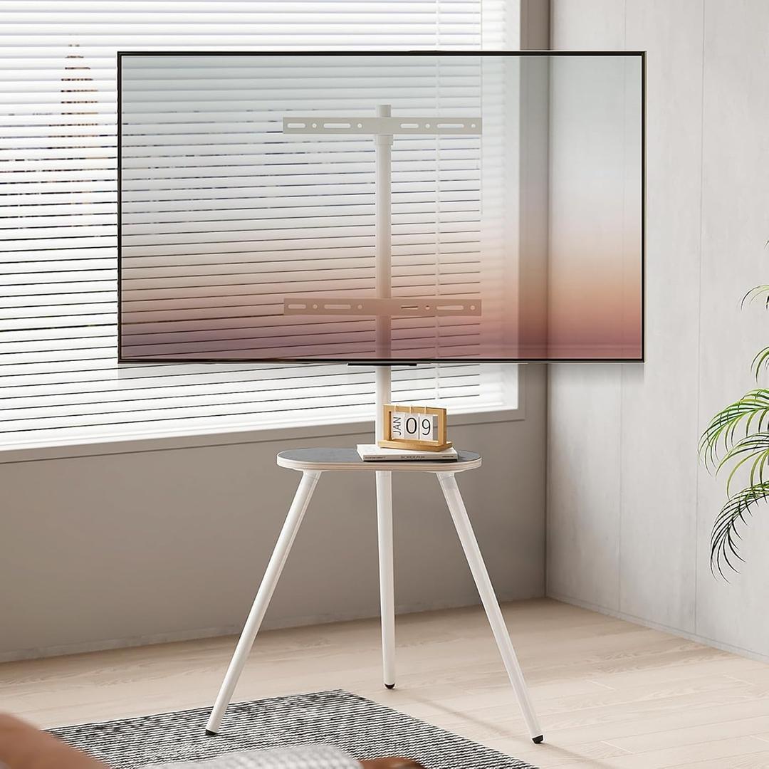 White Metal Tripod Easel TV Stand for 43–65 Inch TVs, Height Adjustable Swivel Floor Stand with Wood Shelf and Cable Management for Bedrooms and Apartments, VESA 400x400