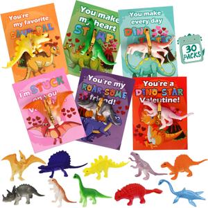 Valentines Day Cards for Kids School 30 Pcs Fun Mini Dinosaur Figure Toys with Cute Valentine Cards, Party Favors for School, Class Events, Valentine Gift Exchange Gift for Boys and Girls