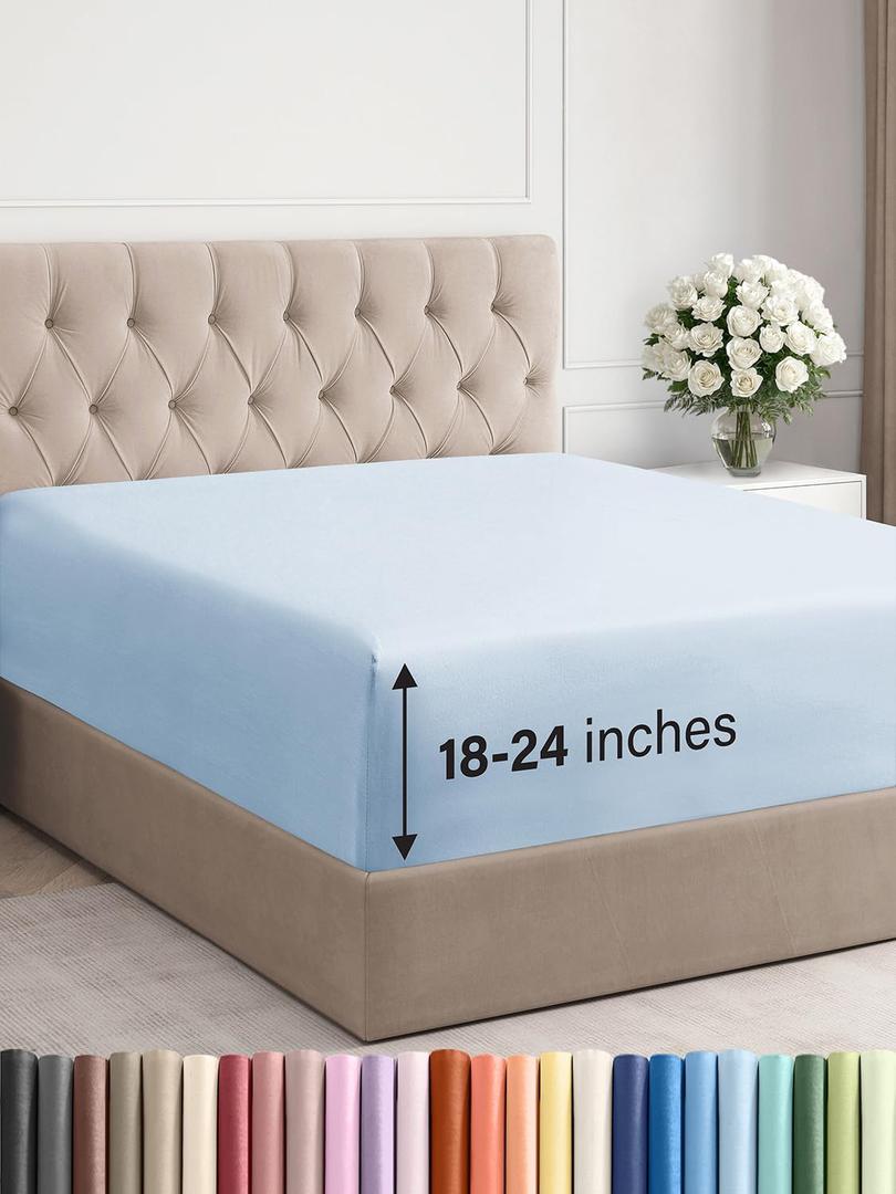 Extra Deep Queen Fitted Sheet - Hotel Luxury Single Fitted Sheet Only - Easily Fits 18 inch to 24 inch Mattress - Ultra Soft, Wrinkle & Fade Free w/Extra Deep Pockets - Breathable & Comfy - Sky Blue