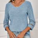 Tankaneo Womens 3/4 Length Sleeve Lace Tops V Neck Dressy Casual T-Shirt 2025 Ribbed Fall Tee Blouse