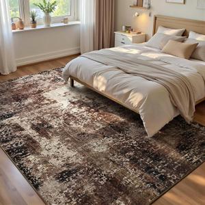 Ompaa Living Room Rug 5x7 Brown Area Rug Machine Washable Boho Coffee Rug Non Slip Abstract Vintage Indoor Large Rugs for Bedroom, Classroom, College Dorm, Farmhouse, Dining Room, Kids Playroom