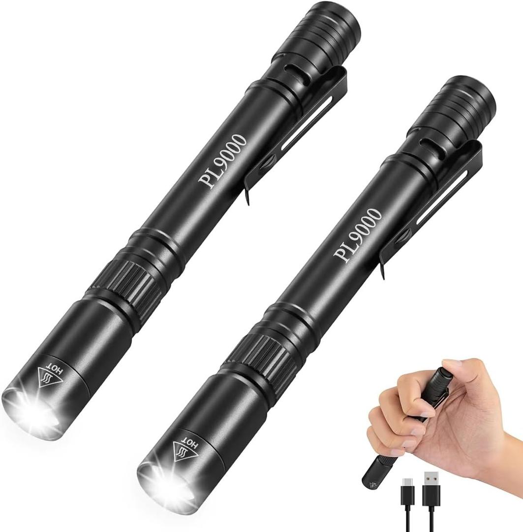 2Pack Pen Flashlight Rechargeable PL9000, 5Mode Bright Pen Light Flashlight High Lumens, Waterproof Pocket Flashlights, EDC Adjustable Tactical Flash Light, LED Small Lights with Clip for Emergencies (Black)