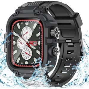 Goton IP68 Waterproof Rugged Band for Apple Watch 46mm/45mm/44mm with Case build-in Screen Protector  Heavy Duty Sport Strap Compatible with iWatch Series 10/9/8/7/6/5/4/SE (Matte Black)