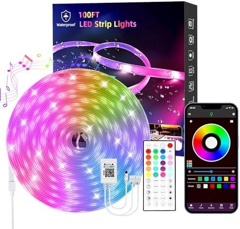 100 FT outdoor LED strip lights (2 rolls of 50 FT), IP65 waterproof, music synchronization RGB LED light, with 44 key remote control and application, used for outdoor, balcony, and roof decoration