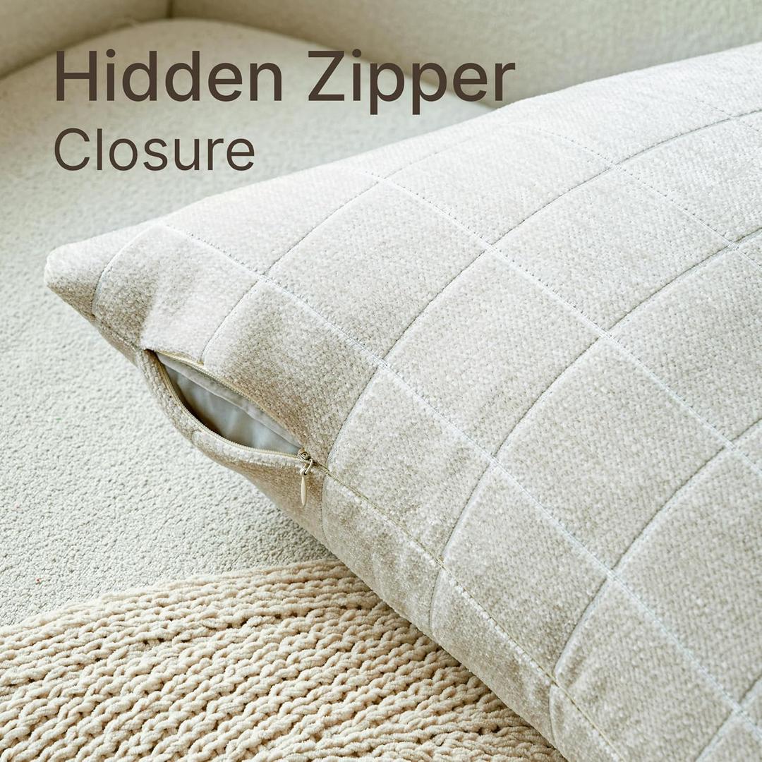 Decorative Chenille Plaid Throw Pillow Covers 12x20 Inch Set of 1 Vintage Check Couch Pillows Neutral Boho Farmhouse Cushion Covers Modern Home Decor for Sofa Bed Living Room Beige