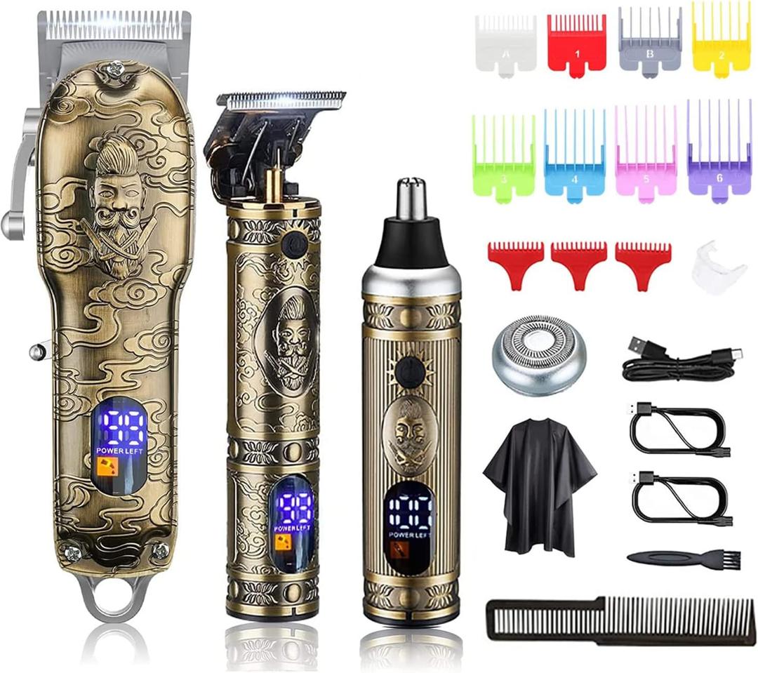Suttik Hair Clippers for Men Nose and Beard Trimmer Set of 3, Professional Cordless Barber Clippers for Hair Cutting Grooming Kit, Rechargeable, LCD Display (Gold)