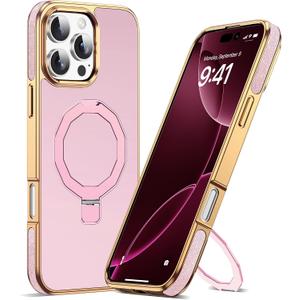Compatible with iPhone 16 Pro Case with Invisible Magnetic Stand, Compatible with Mag-Safe Luxury Phone Case for iPhone 16 Pro [Plating Gold Edge & Leather Inlay], Rose Gold