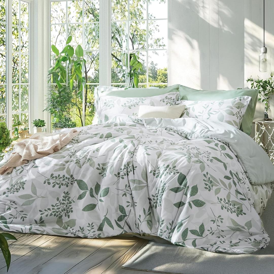Bedsure Comforter Set Queen Size - Cute Floral Bedding Comforter Set, 3 Pieces, 1 Soft Reversible Sage Green Botanical Flowers Comforter and 2 Pillow Shams