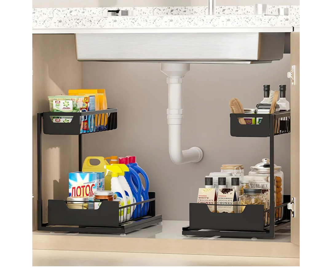 Under Kitchen Sink Organizers and Storage Pull Out 2 Tier Metal Bathroom Cabinet Organizer (Black, 2 Pack)