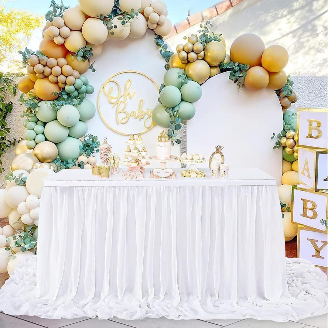 White Table Skirt for Rectangle Tables Chiffon Table Skirt 9FT Sheer Tablecloth for Birthday Party Sweetheart Cake Table Decoration Wedding Table Skirt