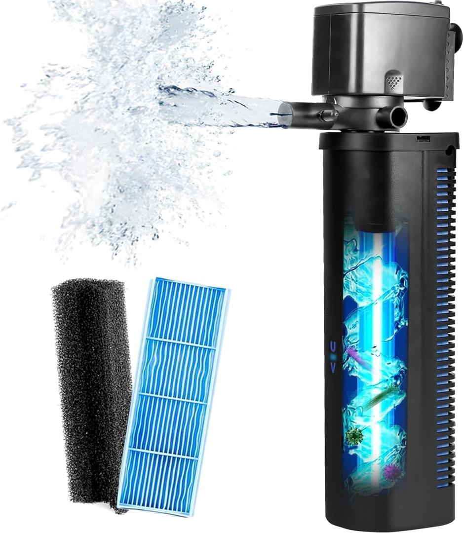 Aquarium Large 100-300 Gallon Fish Tank Filter U-V Dual Spout 600GPH Silent Canister Internal Filter Cold Plunge Tub Koi Pond Filter, Green Clean Machine Deodorization for Saltwater Freshwater
