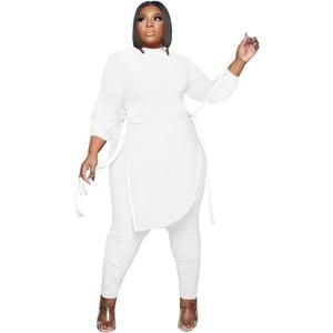 Women Plus Size 2 Piece Outfits Jumpsuit Camouflage Print Long Sleeve Slit Tunic Tops Pant Set