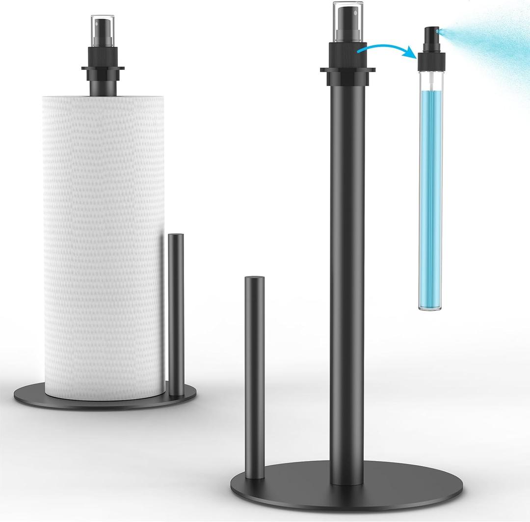 Paper Towel Holder with Spray Bottle, Countertop Paper Towels Dispenser Stand with Sprayer Inside Center, Stainless Steel Paper Towel Holder Stand with Base for Kitchen, Bars, Dining Tables - Black