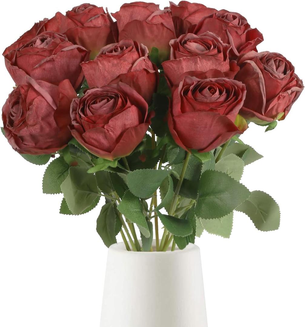 12 pcs Roses Artificial Flowers Vintage Burnt Red Rose 20" Faux Silk Roses Bouquet with Long Stem for Wedding Party Floral Centerpieces Decoration (Vintage Red)