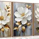 3Pcs White Flower Gold Leaf Canvas Wall Art Modern Plants Flowers Painting Decor Pictures Neutral Floral Bloom Posters Prints for Office Living Room Bathroom Bedroom Decoration No Frames