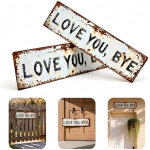 Love You Bye Vintage Metal Wall Sign, 16×4 Inch Aluminum Rustic Wall Plaque, Retro Greenery Style Farmhouse Wall Art, Hanging Decor for Hallway Door Kitchen Bar Bedroom Office, Housewarming Gift (2pcs)