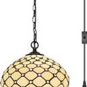 Tiffany Pendant Light Plug in Stained Glass Hanging lamp 12X12X181 Inch Hanging Lamp Living Room Bedroom Kitchen Dining Room Office(Cream Bead)