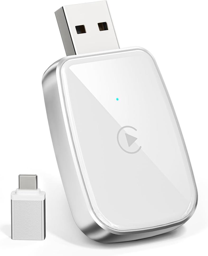 Wireless CarPlay Adapter for Apple iPhone, Convert Wired CarPlay to Wireless, Mini Size with USB-A to USB-C Adapter, Stable Control & No Delay Latency, White