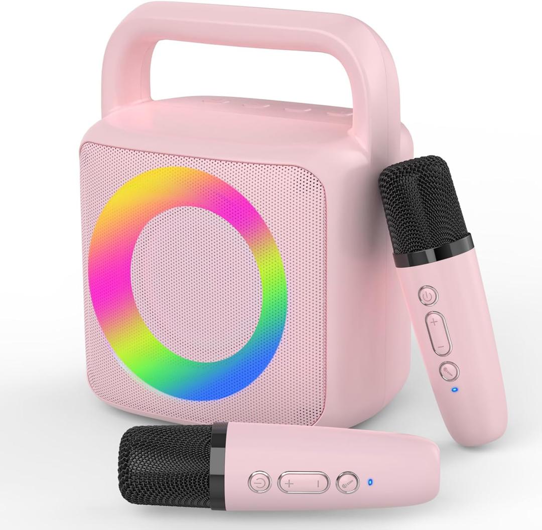 Karoke Machine with 2 Wireless Mics, Portable Karaoke Microphone Toys with Colorful Lights and Magic Voices for Camping Party, Birthday Gift for Ages 3+ Kids Boys Girls Teenager Adults