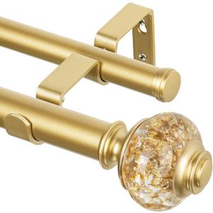 1 Inch Gold Double Curtain Rods for Windows 120 to 180 Inches, USFOOK Adjustable Heavy Duty Drapery Rods 140 to 195 Inches, Telescoping Dual Curtain Rod with Translucent Finials, Wall Mounted