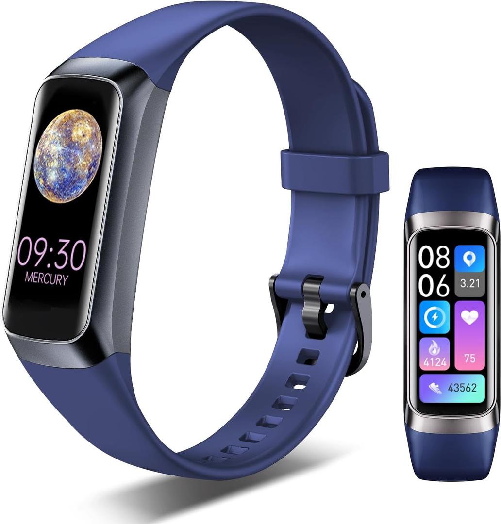 Fitness Tracker, 24/7 Heart Rate Blood Oxygen Blood Pressure Body Temp Monitor Sleep Calorie Tracker with 1.1" AMOLED Touch Color Screen Pedometer Smart Watch Waterproof for Women Men (Blue)