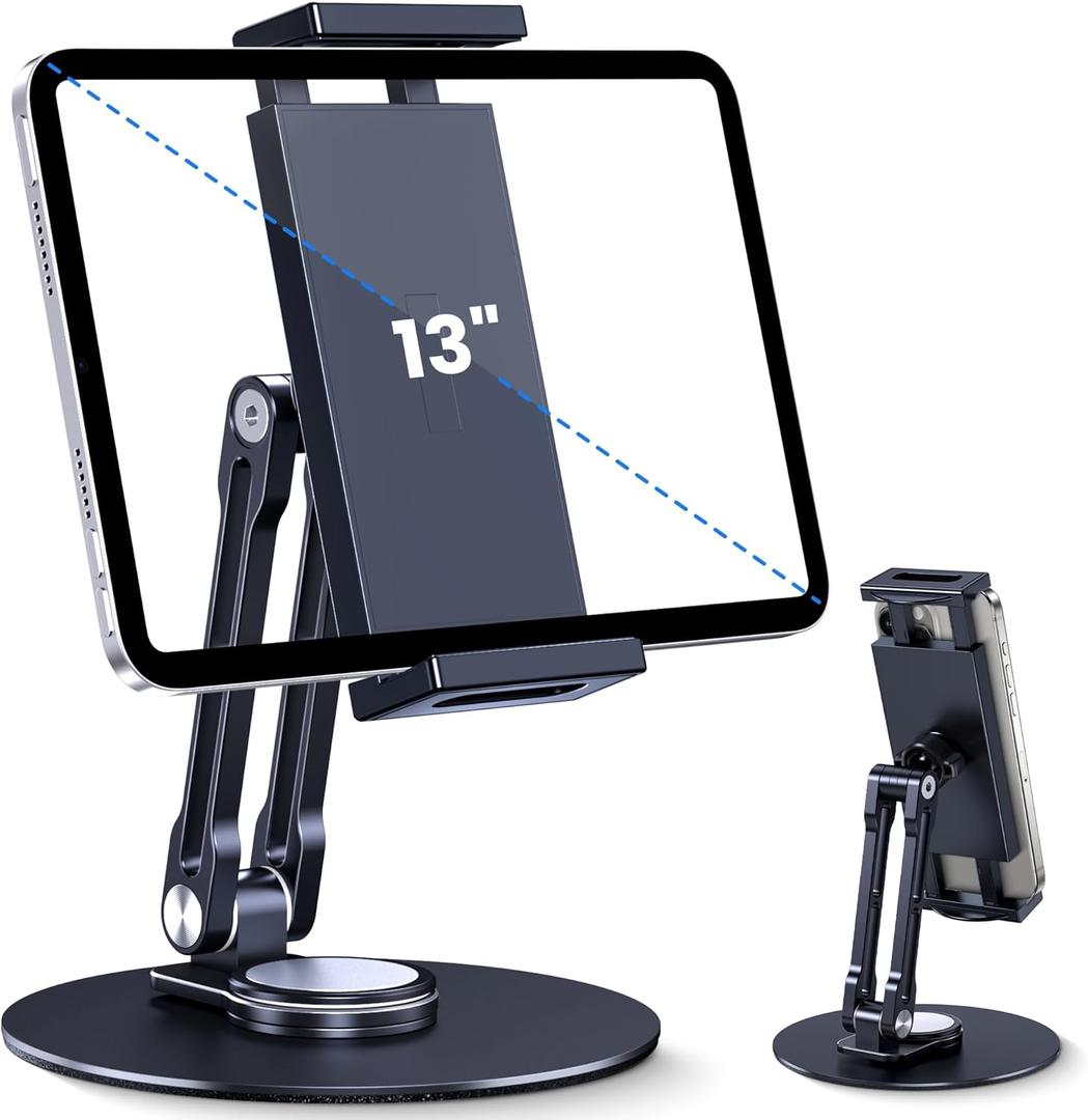 Tablet Stand Holder for iPad, Adjustable with 360 Rotating Base for Desk, Aluminum Swivel Tablet Stand Compatible with iPad Air, Mini, 10.2,9.7, Pro 11/13 and More (Black)