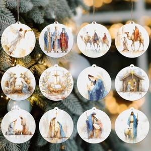 24 Pcs Nativity Watercolor Ornament Christmas Ornament Wooden Nativity Ornaments Hanging Religious Gifts for Christmas Tree Decor Stocking Stuffers Pastor Women Men Family Friend Christian