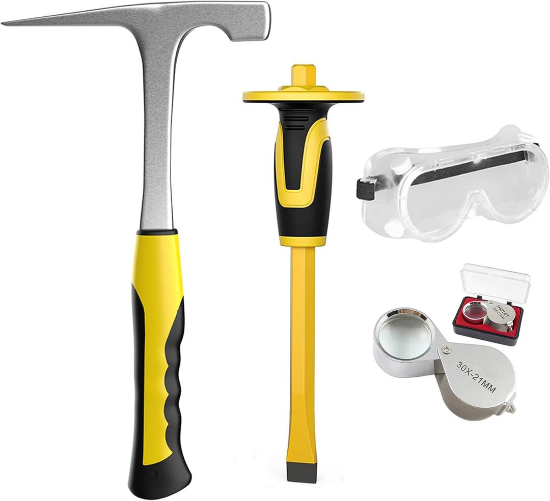 4pcs Geology Rock Pick Hammer Kit, Geology Hammer Tools, 32oz Rock Hammer & Chisels with jewelers loupe,goggles. Tool Set for Rock Hounding, Hounding,Gold Mining & Prospecting, Stone Breaking