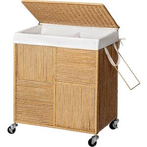 WOWLIVE Double Laundry Hamper with Lid, Handwoven Rolling Laundry Basket with Wheels, 115L Dirty Clothes Hamper with Removable Liner Bag Large Capacity Laundry Sorter Laundry Room Organization,Natural
