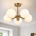 Bektas 5-Lights Semi Flush Mount Ceiling Light Fixture Brushed Gold Light Fixture Straight Bar Modeling with Milk Glass Globe for Bedroom,Living Room, Dinning Room Foyer Hallway