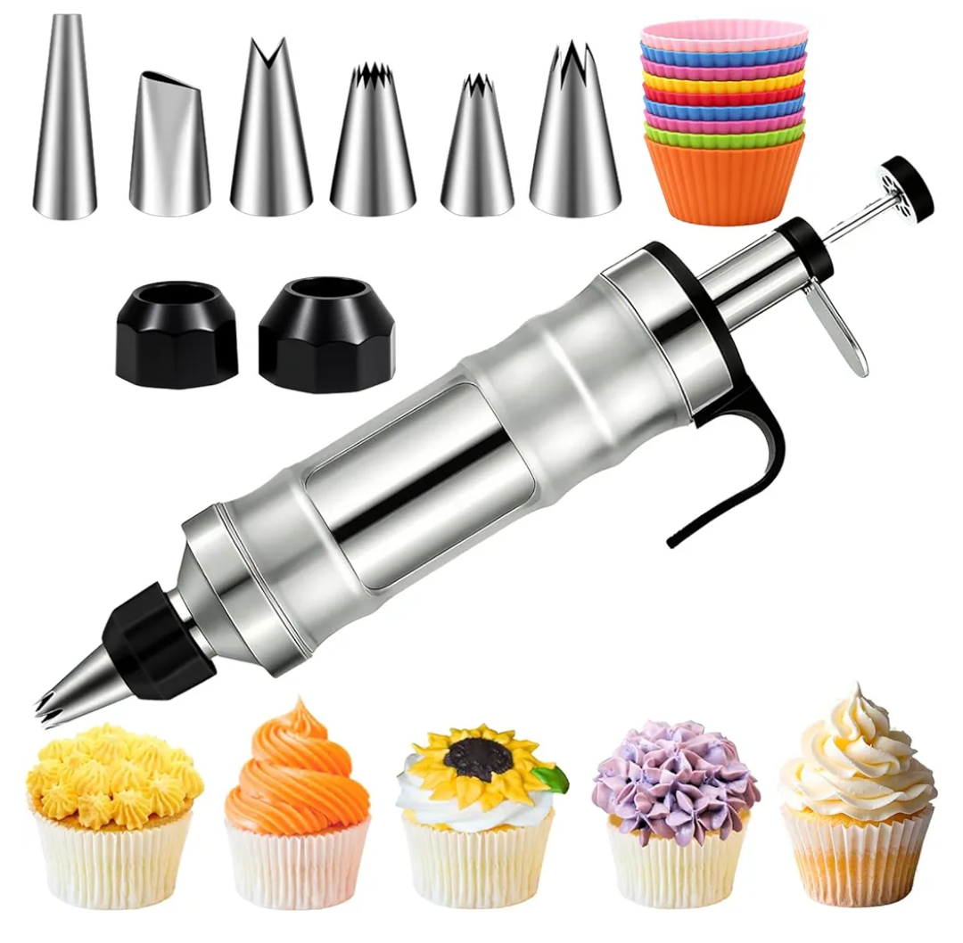 Suuker Dessert Decorating Syringe Set, Frosting Piping Kit Stainless Steels Cake Decorating Tools with 6 Icing Tips Cupcake Decorating Kit