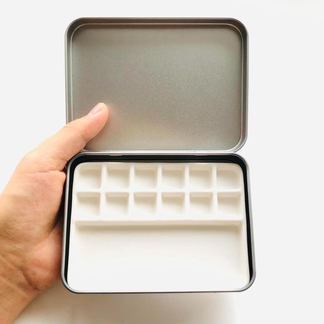 Bower Bird Travel Ceramic Watercolor Palette with 12-Well Porcelain Mixing Tray & Metal Tin Box - Portable Art Kit for Gouache, Studio & Outdoor Painting