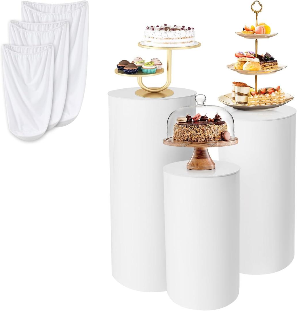 3 Pcs Cylinder Stands for Party White Round Pedestal Stand (with 3pcs Spandex Cloth Cover) for Birthday Wedding Party Outdoor Indoor Decor (White)