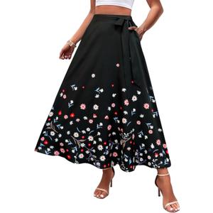 Women's Casual Elastic High Waisted Maxi Summer Skirt Tie Front A Line Floral Trendy Flowy Long Skirts with Pockets (Black, XL)