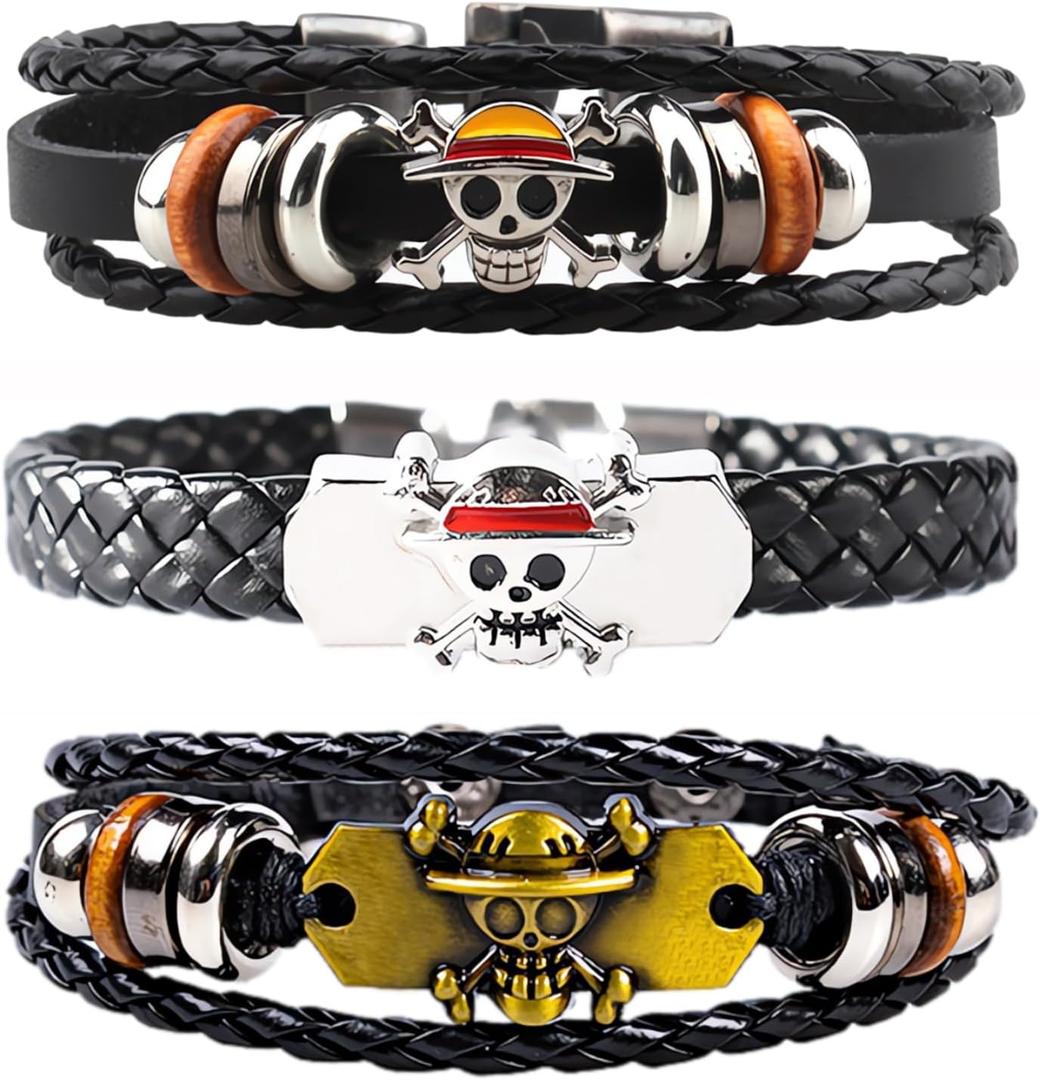 3Pcs Anime Leather Bracelets, Skull Punk Alloy Cuff Wristband
