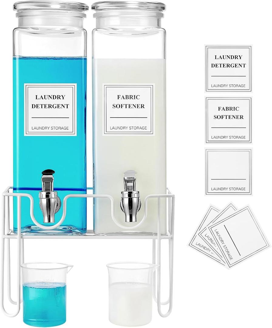 2 Pack Glass Laundry Detergent Dispenser with Stand, Laundry Soap & Fabric Softener Dispenser for Laundry Room Organization and Storage, 76oz Laundry Liquid Containers with Labels, Measuring Cups, White